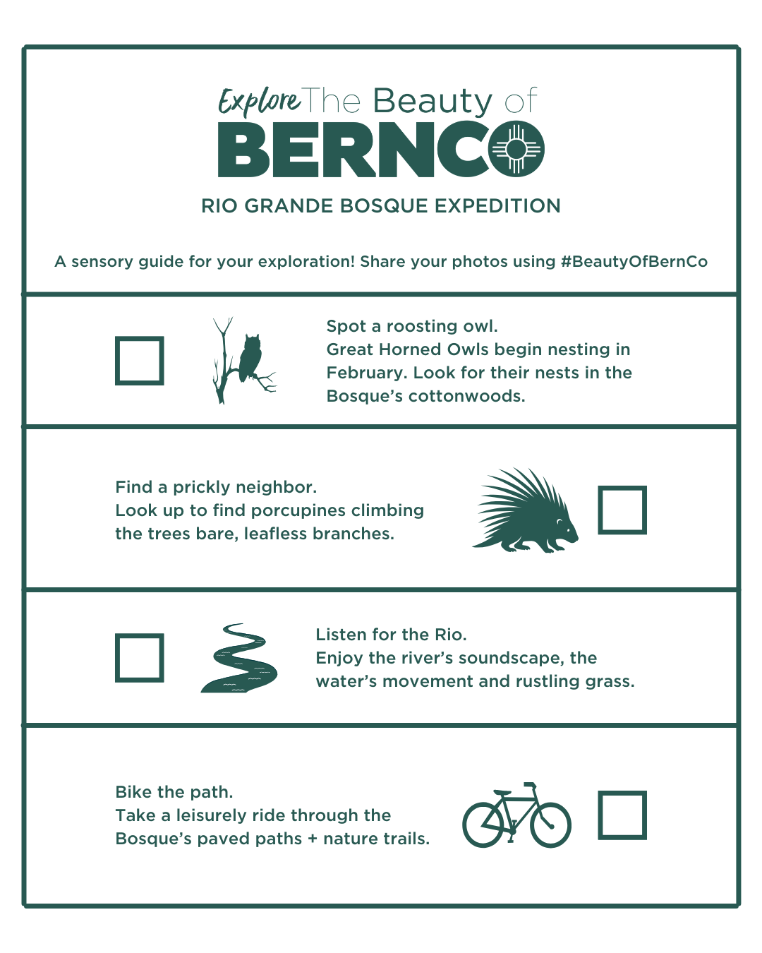 A curated checklist to guide your exploration of the Rio Grande Bosque
